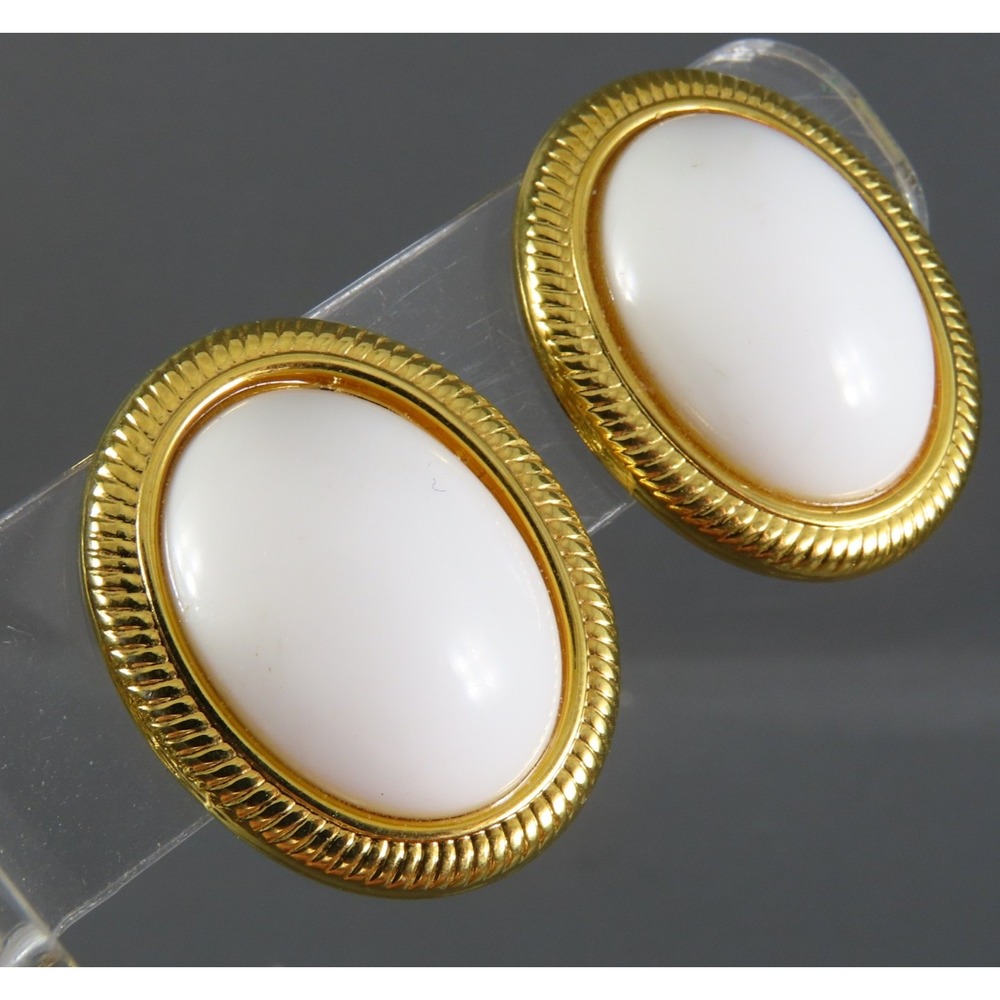 Vintage NAPIER CLIP-ON EARRINGS White Domed Oval Cabochon Center GOLD TONE FRAME
